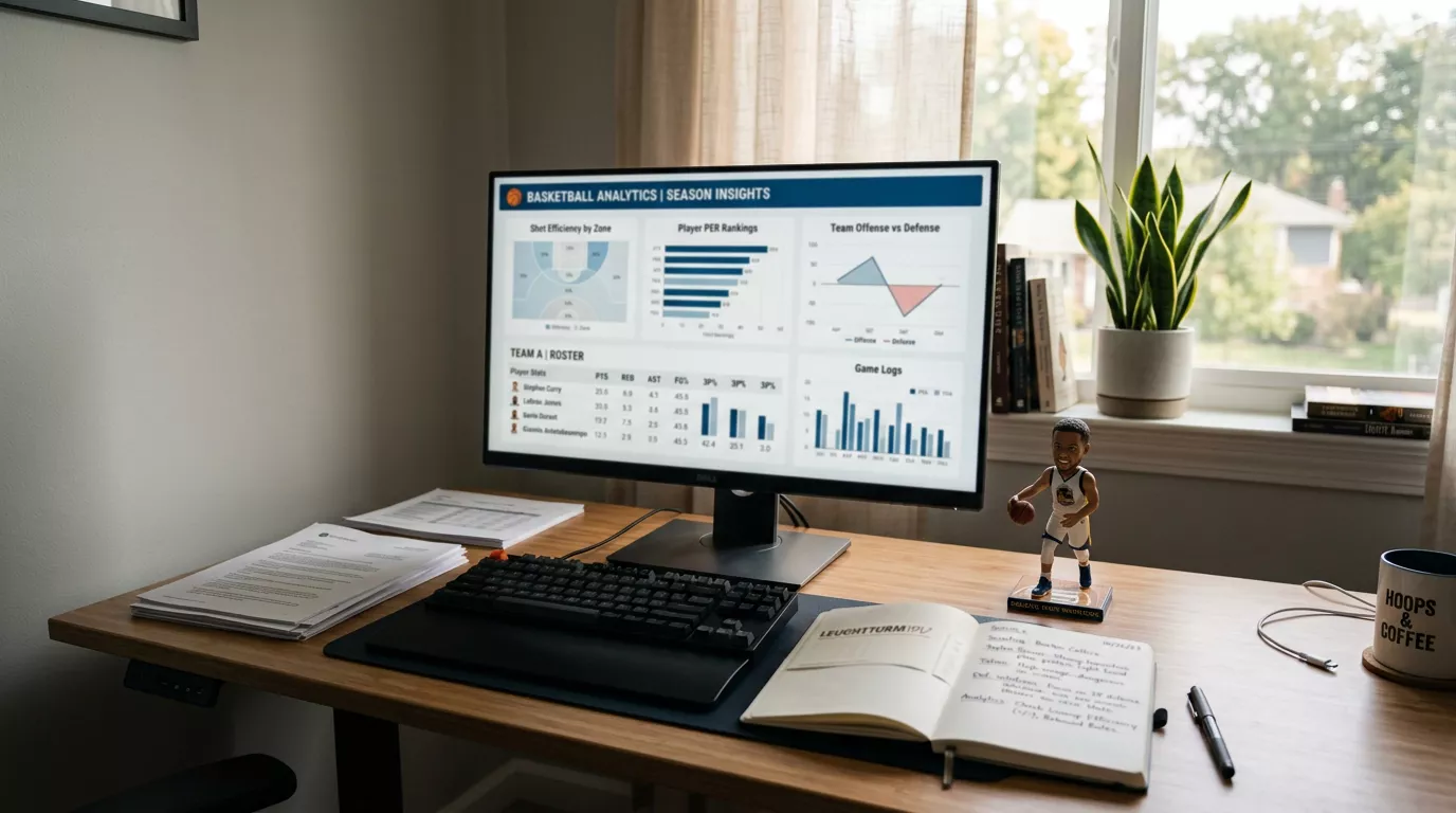 Analytical workspace with basketball statistics spreadsheet and charts on a desktop monitor