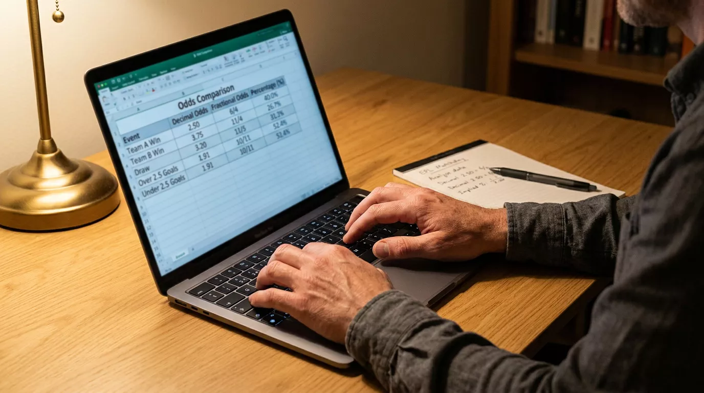 Punter reviewing NBA betting odds on a laptop screen with fractional and decimal formats displayed side by side