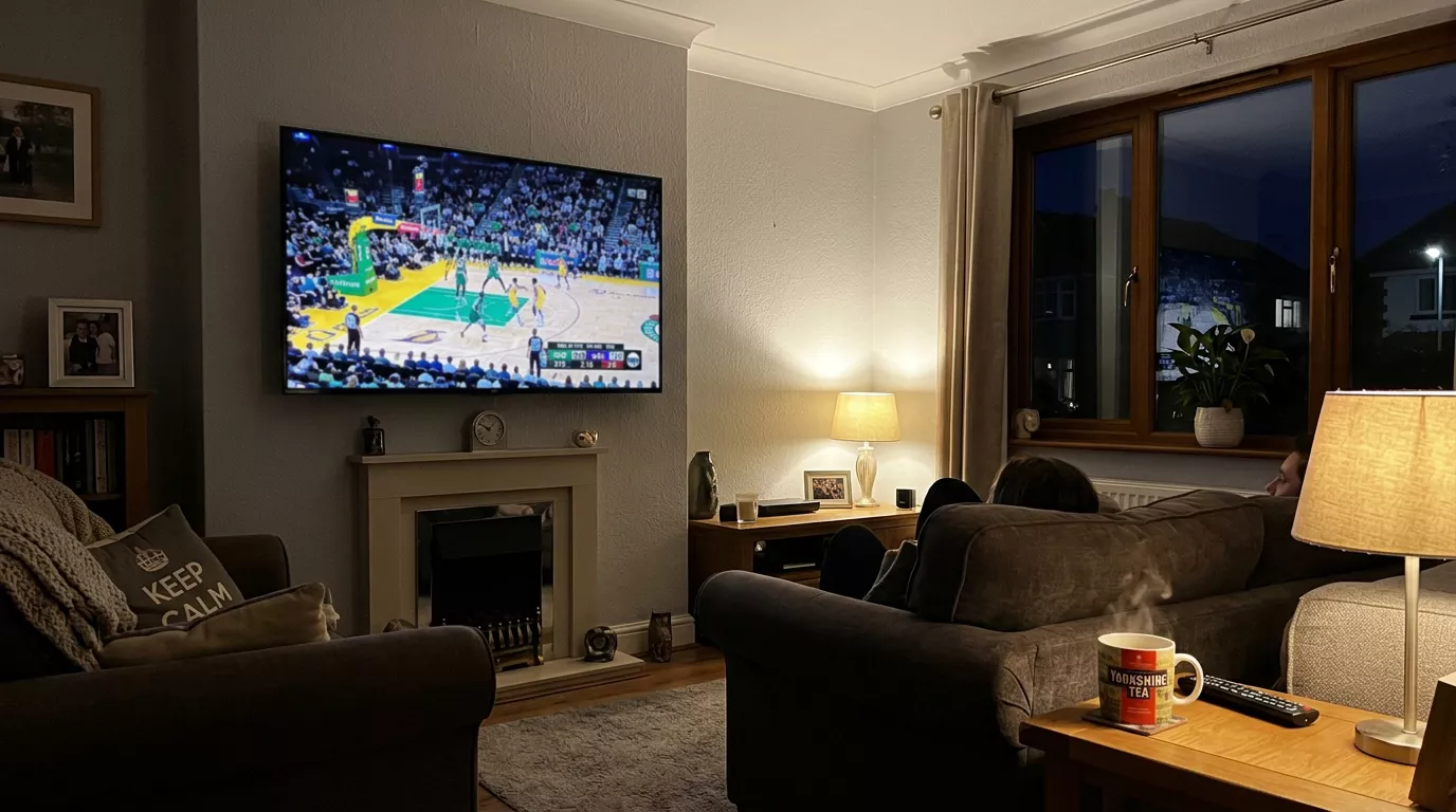 Person watching an NBA basketball game on a television screen in a UK living room setting
